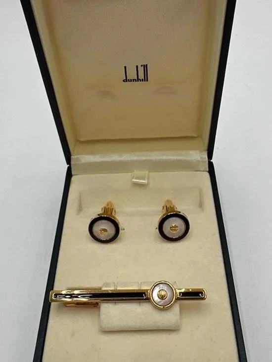 Dunhill Gold plated tie pin & cufflinks Mother of Pearl Black Laquer