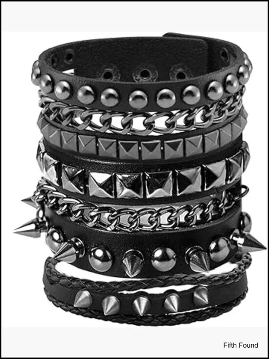 3 Pcs Punk Gothic Leather Bracelets Set Cuff Chain Rivet Spikes for Men Women