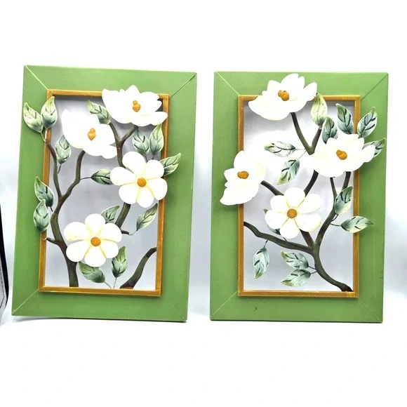 2pc Blooming White Magnolias 3-D‎ Wall Sculptures Framed Metal Art Cottage Core