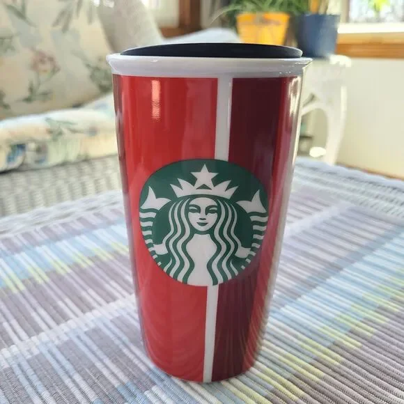 Starbucks Holiday Ceramic Tumbler Red Stripe Double Wall Travel 12 Oz Mug Cup