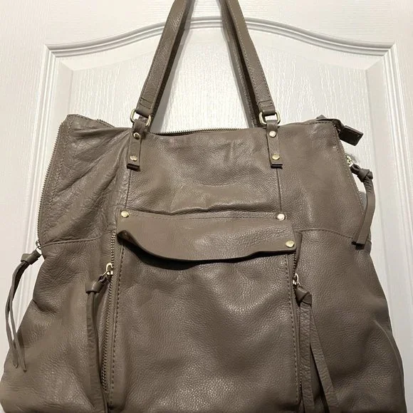 KOOBA Large Taupe Leather Purse-2 Straps-Soft-Gold-Purple Lining-Expands-Hobo