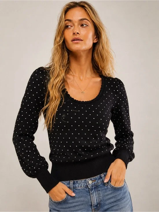 Free People Black Polka Dot Knit Sweater Scoop Neck  Medium