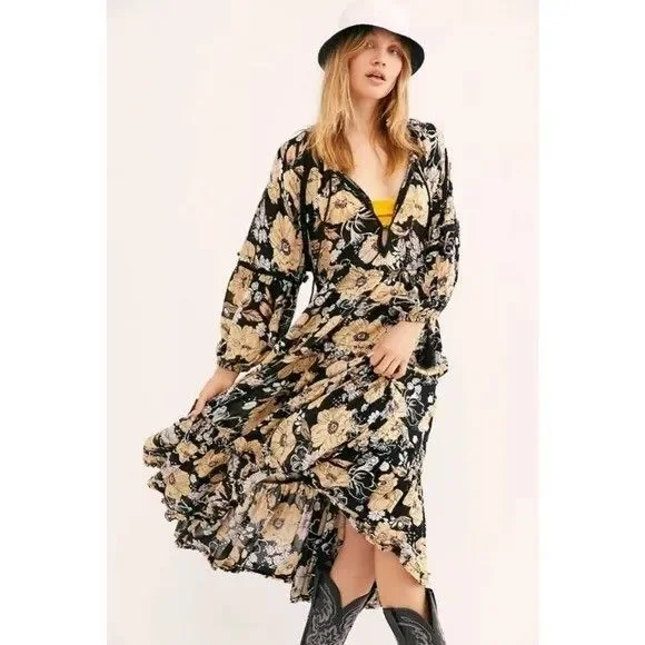 Free People In The Moment Midi Dress Long Sleeve Flowy Crochet Ruffle S 286115