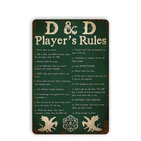 D&D Player Rules Metal Wall Art Sign Poster Dungeons and Dragons Den Man Cave
