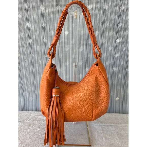Braccialini Orange Embossed Leather Hobo Bag Braided Handle Tassel Made in Italy