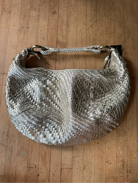 NWT Y2K Woven Leather Metallic Gold Slouchy Hobo Bag Purse Boho Festival