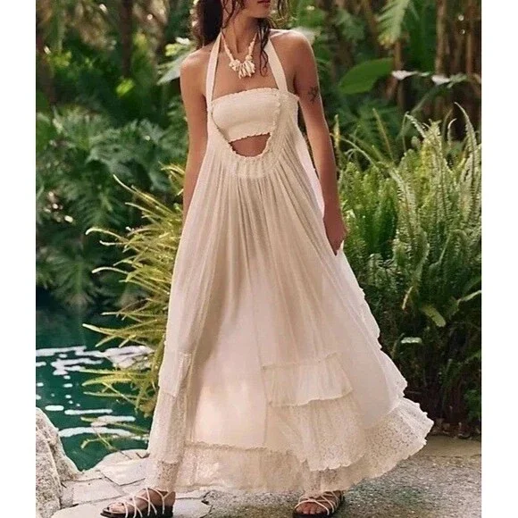 Free People Free-Est Kauri Maxi Dress Gauzey Smocked Halter Tiered Lace M 288428