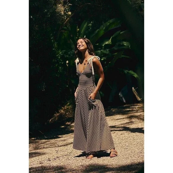 Free People Free-Est Cecelia Midi Dress Striped Printed Smocked Cotton L 288421