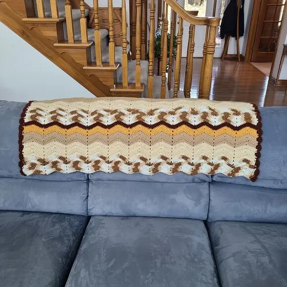 Vintage Chevron Afghan Lap Blanket Throw Blanket Couch Blanket Warm Color Zigzag