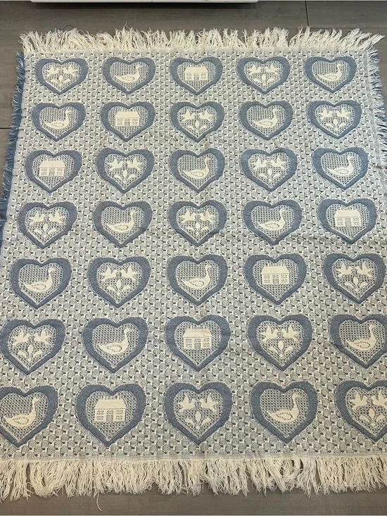 Vtg Woven Tapestry Throw Blanket Hearts Ducks Cottagecore Farmhouse Fringe 44x50