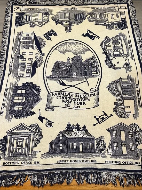 Vtg Farmers Museum Cooperstown NY Tapestry Throw Blanket Fringe 44x60 Cottage