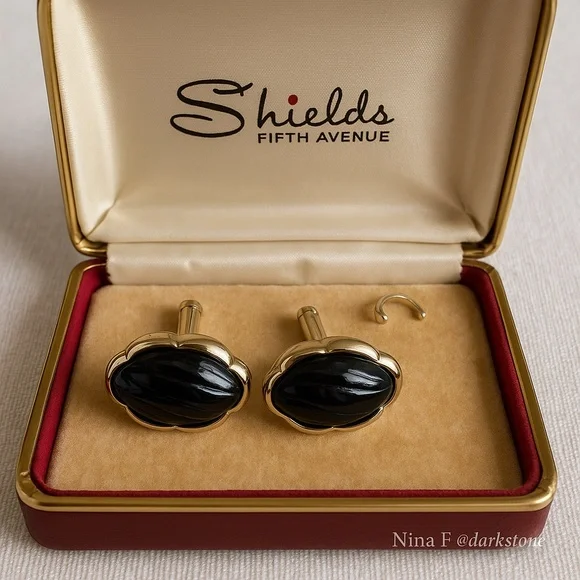 Vintage Shields Fifth Avenue Black Onyx-Style Cufflinks (Mid-1960s)