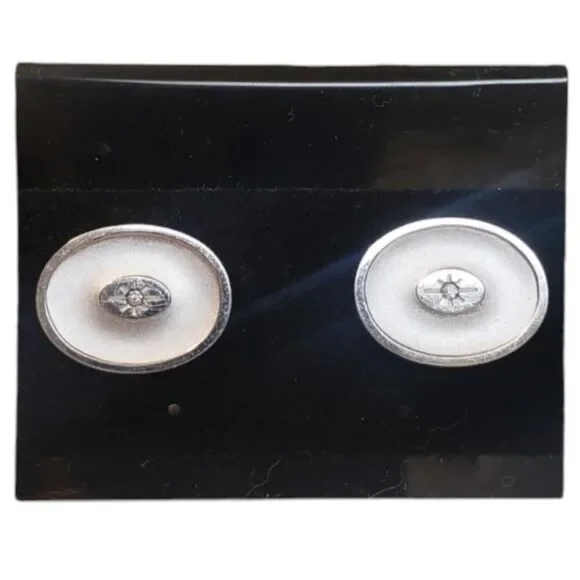 Vintage Oval Cuff Links Two Tone Silver with Rhinestone Polished & Matte Silver