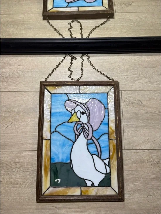 Vintage 1980s Hangable Stained Glass Art Goose Wearing Bonnet & Glasses