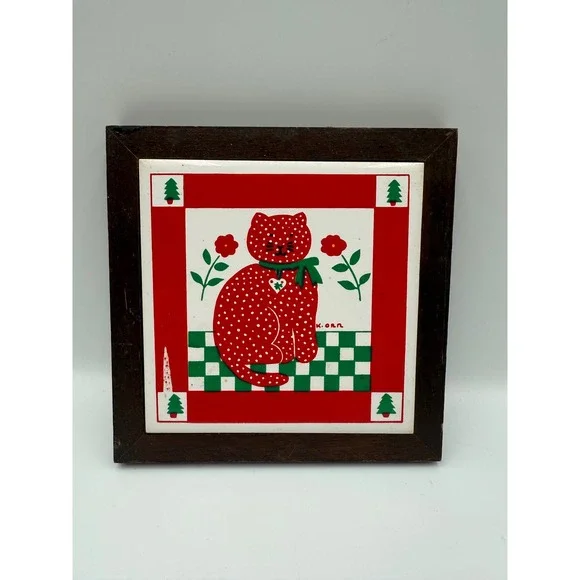 Vintage K. Orr‎ Red Polka Dot Cat Ceramic Tile Trivet Framed Wall Art 6x6