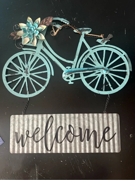 Turquoise Metal Bicycle Welcome Wall Sign