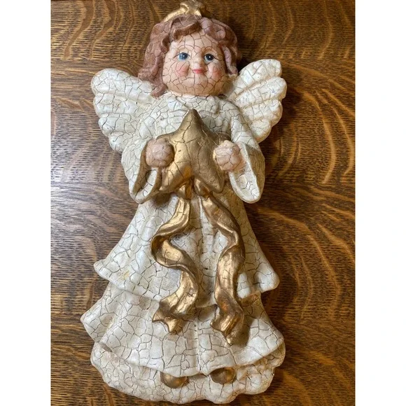 Vintage Style Crackle Finish Angel Wall Plaque Gold Star Cherub Decor 15 Inch