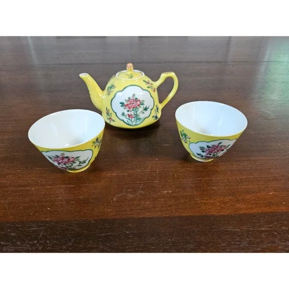 Hand Painted Canton Ware Tea Set Yellow Floral Porcelain 3pc Teapot Cup