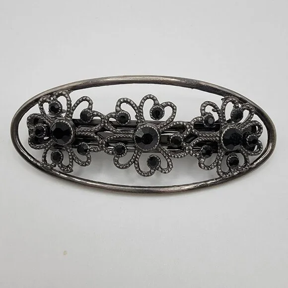 Metal Hair Clip Black Rhinestone Hair Women’s Floral Metal Silver‎ Tone
