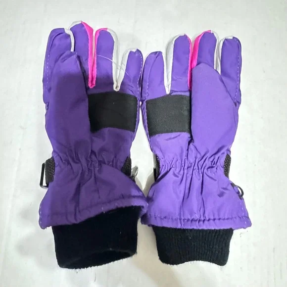 Kids Purple Insulated Ski Gloves‎ Pink White Accents Adjustable Wrist Straps
