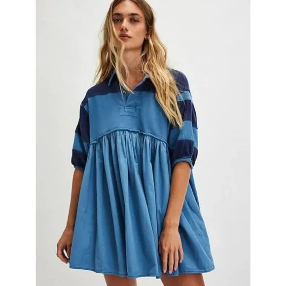 Free People Remi Rugby Mini Dress Blue