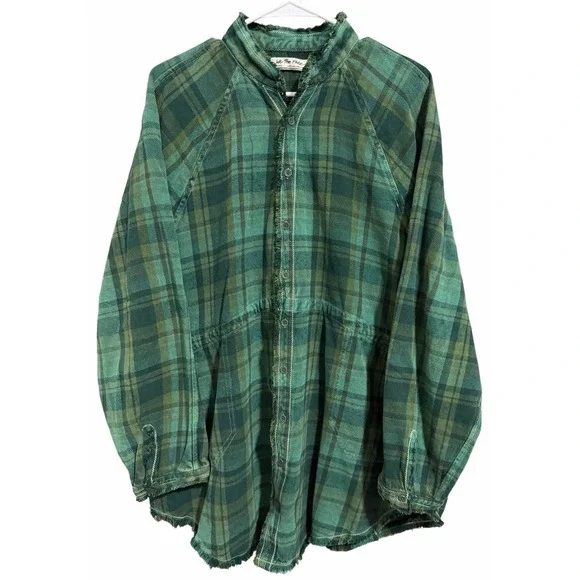 Free People‎ We The Free Summer Daydream Plaid Button Down Green Balsam Size L