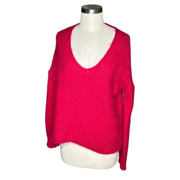 FREE PEOPLE Fuzzy V Neck Sweater Bright‎ Pink Alpaca Blend XS