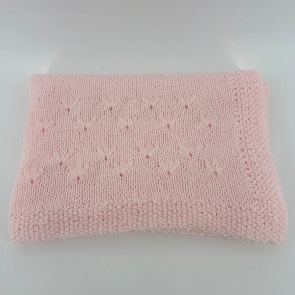 Handmade Hand Knit Pink Hearts Pointelle Chevron Baby Blanket Afghan Crib Throw