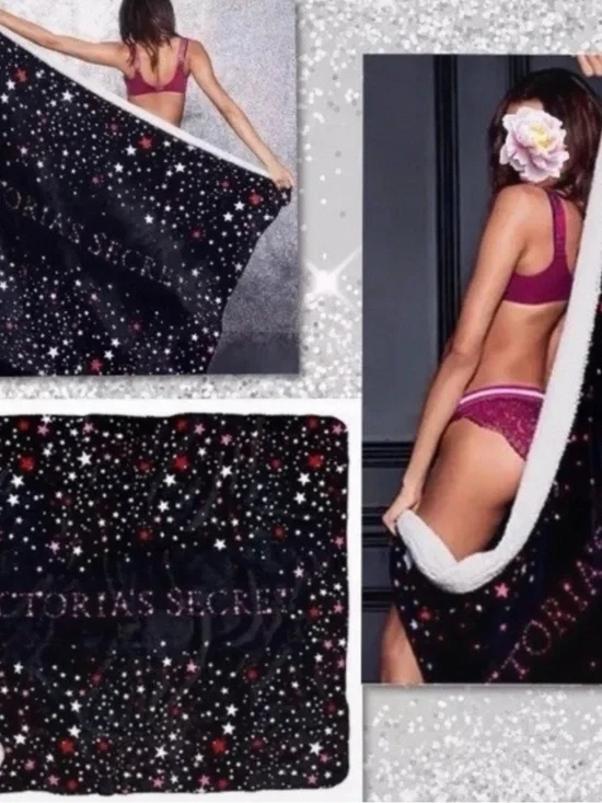 Victoria's Secret Black Star Sherpa Throw with White & Red Stars