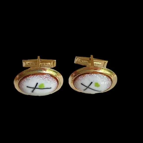 White porcelain cuff links in goldtone vintage with crosses marked Pat Pending