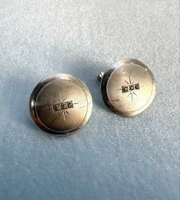 Vintage Sterling Silver Diamond Starburst Cufflinks Mid Century Modern Round