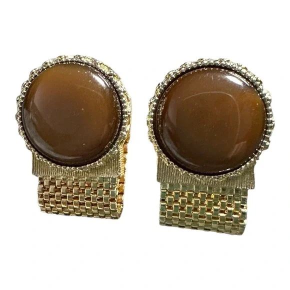 Vintage Chunky Brown Butterscotch Gold Tone Cuff Links Business Dress