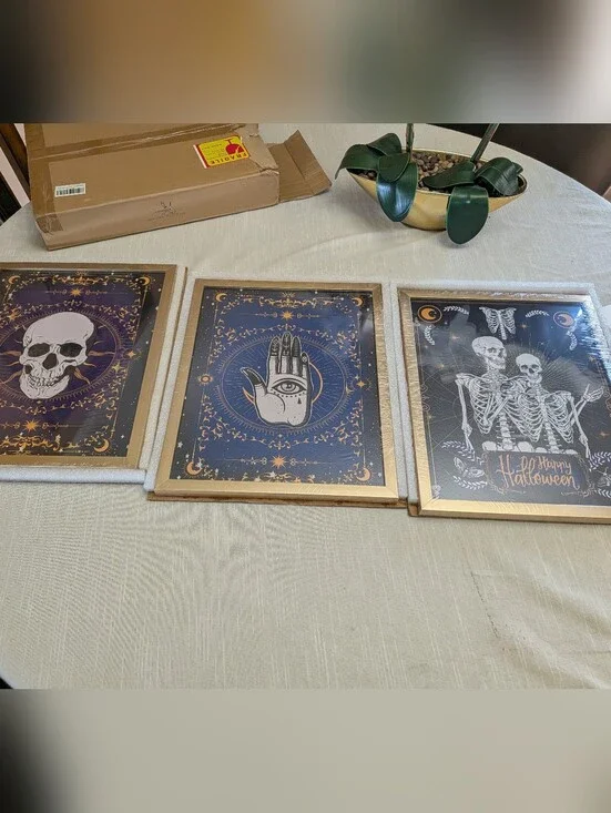 Gothic Halloween Wall Art Trio - Navy & Gold Accents