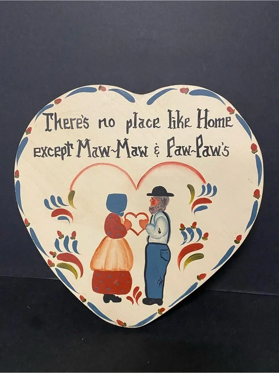 Heart-Shaped Folk Art Wall Sign in Cream, Blue and Red