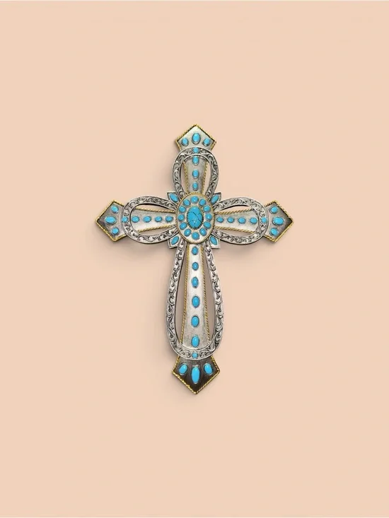Simulated Turquoise Stone Silver Cross with Filagree Home Decoration Religious