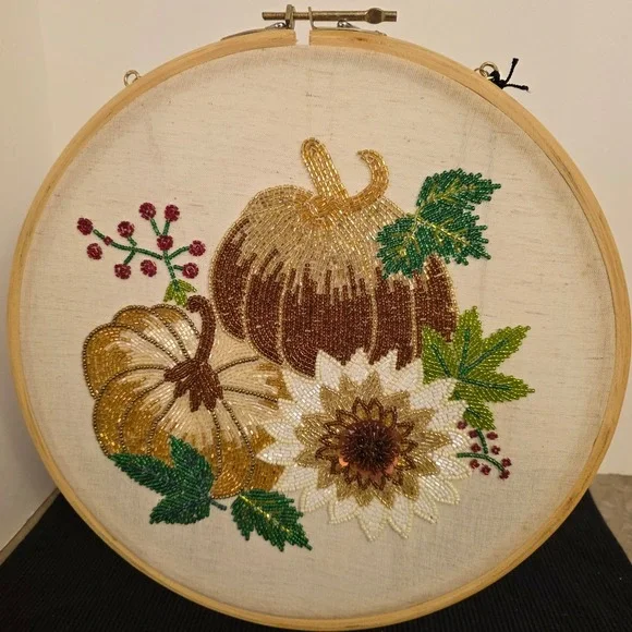 Acorn Oak Harvest Collection Beaded Pumpkin Sunflower Embroidery Hoop Wall Decor