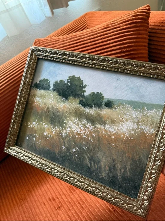 Framed Field Landscape Wall Art in Green and Gold