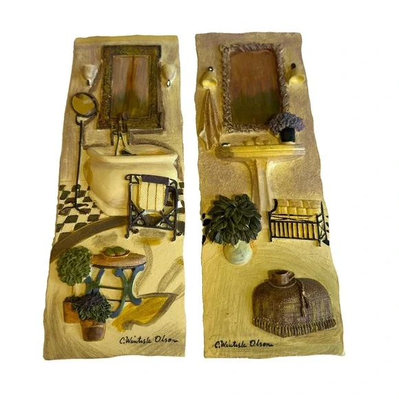 Two-Vintage C. Winterle Olson 3D Bathroom Wall Art Tile Tuscany Tub Window
