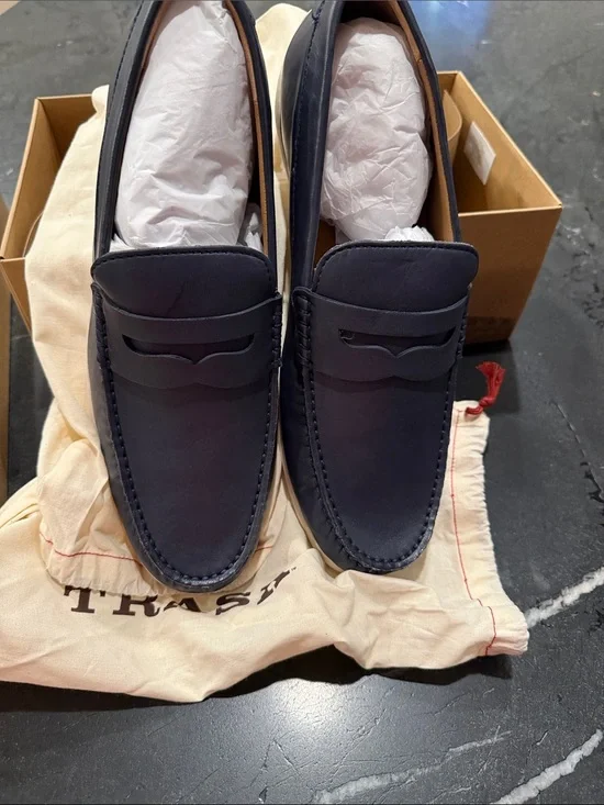 Trask Navy Leather Penny Loafers