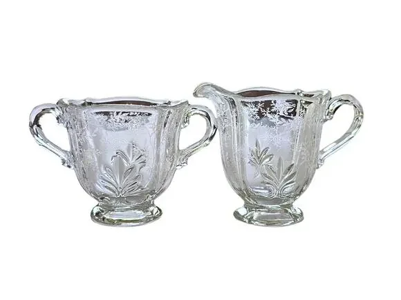 Vintage Creamer & Open Sugar Bowl in Fostoria Chintz Pattern, Pristine Condition