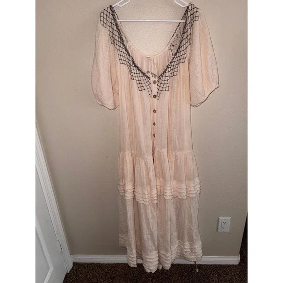 Free People NWT Ivory Boho Pheasant Dress w/ Navy Embroidery Oversized Small