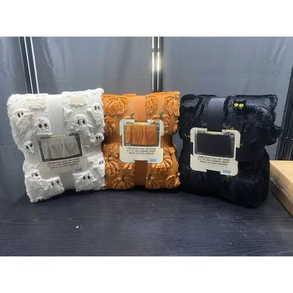 NWT Costco Halloween Faux Fur Throw Blanket Lot of 3 Ghost Cat Pumpkin