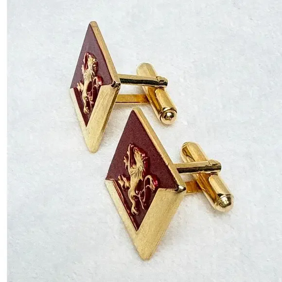 Mid‑Century Anson Gold‑Tone Cufflinks with Lion Rampant and Red Enamel, Vintage