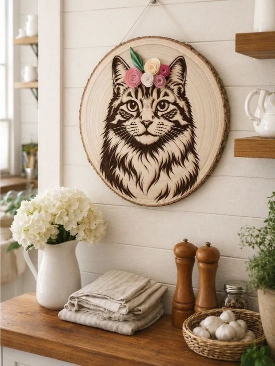 Handmade Cat Wall Art w/ Paper Flowers