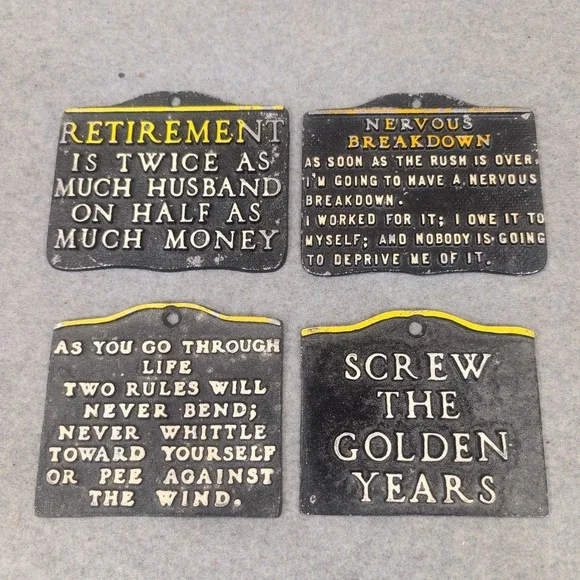 Vintage Cast Metal Retirement Humor Wall Plaques Set‎ of 4 Funny Novelty Signs