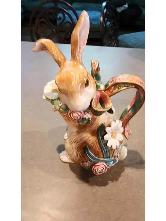 Fitz & Floyd Woodland Spring Rabbit 12.5” Water Pitcher w/ Ribbon Handle Bunny