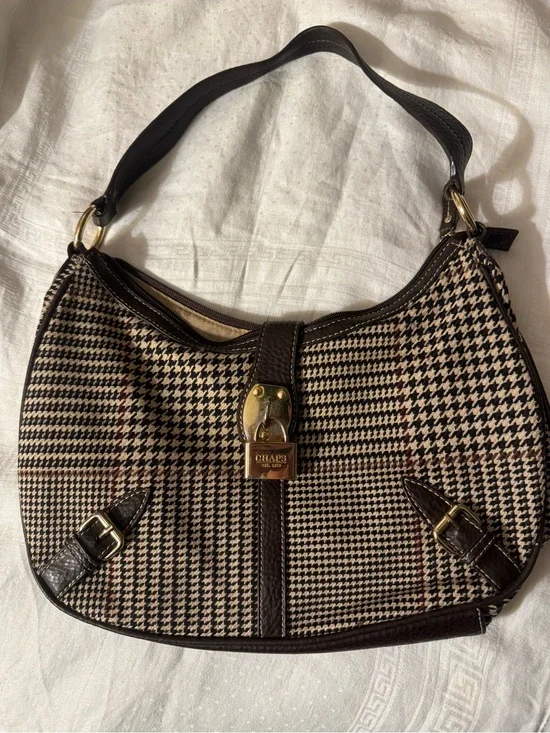 Chaps Brown & Beige Houndstooth Hobo with Gold Lock