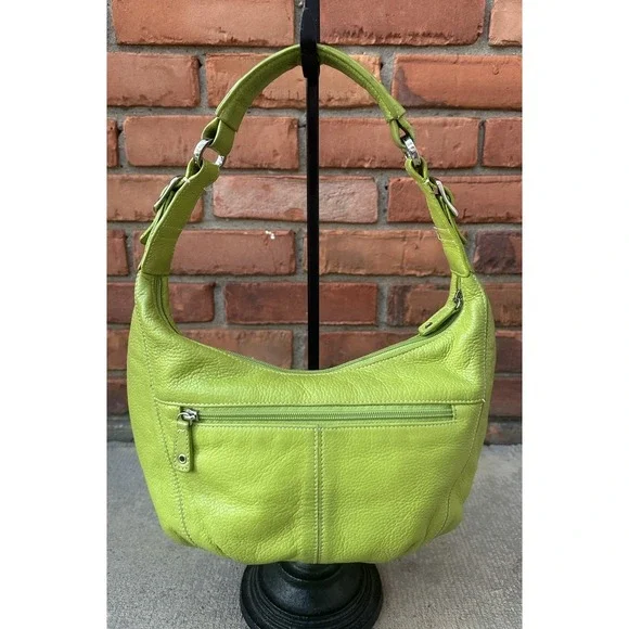 TIGNANELLO Pebbled Leather Green Hobo Zip Top Purse Bag Shoulder Y2K 90's