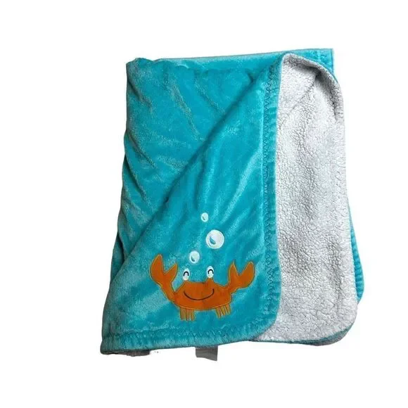 Baby Carter's Blue Green Crab Sherpa‎ Minky Security Baby Blanket Lovey 29x37”