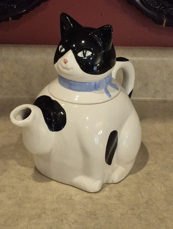 Black and White Cat Teapot with Blue Collar - Ceramic Pet Décor Unbranded